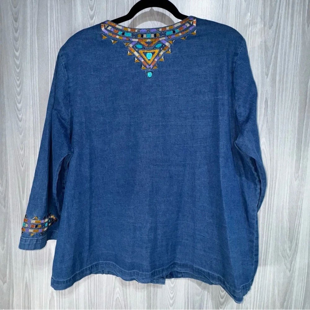 Bob Mackie Denim Top with Colorful Embroidery - Picture 2 of 7
